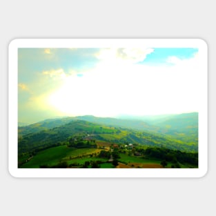 View from Monte San Martino at light, sun, clouds, Sibillini, hills, trees and roads Sticker